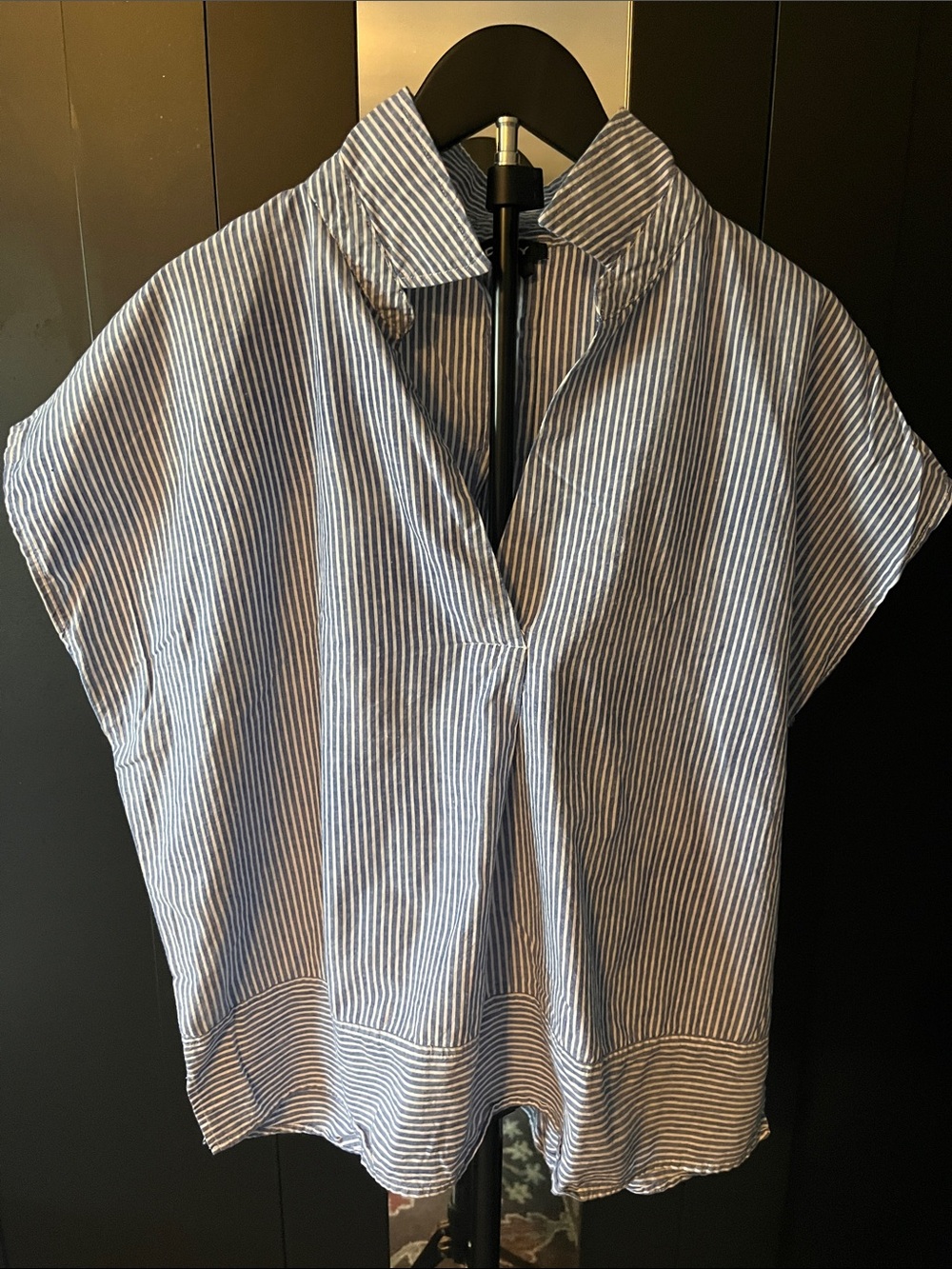 DKNY Striped Blue and White Women's V-Neck Collared Top